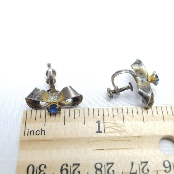 Vintage Sterling Silver Blue Rhinestone Bow Shape Clip On Screw Back Earrings - Picture 5 of 7